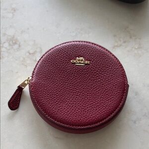 Coach Round Zip Coin Pouch - Burgundy Leather with Gold Logo